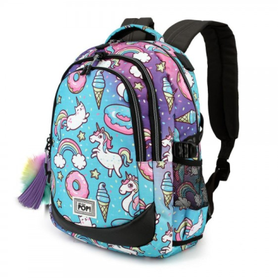 Mochila infantil colorida com unicórnios e donuts