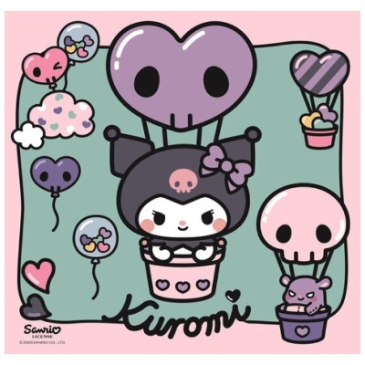 Ilustração colorida com personagens Kuromi e balões de coração e caveira