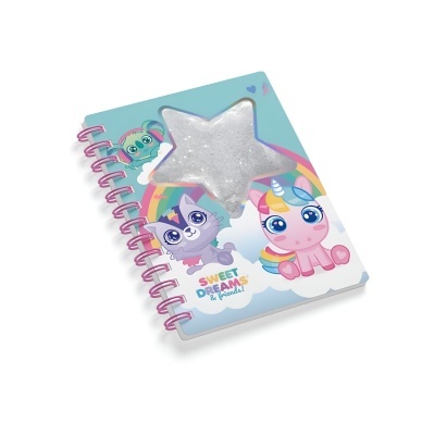 Caderno azul com espiral rosa, personagens animados, janela em forma de estrela com purpurina.
