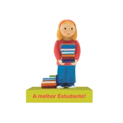 Figura decorativa estudante com livros e base com texto