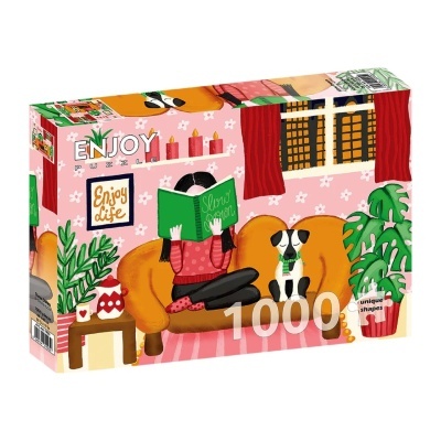 Caixa de puzzle ENJOY 1000 peças com ilustração de sala com pessoa no sofá e cão