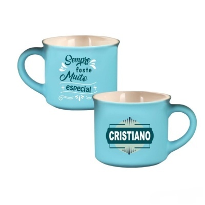 Duas canecas azuis com texto decorativo