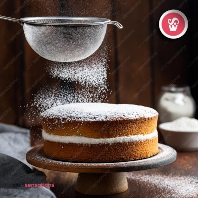 Bolo de dois andares com açúcar em pó sendo polvilhado por passador metálico