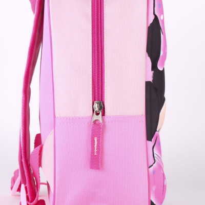 Mochila rosa em tecido sintético vista de perfil