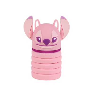 Estojo escolar silicone cor-de-rosa com personagem e fecho roxo
