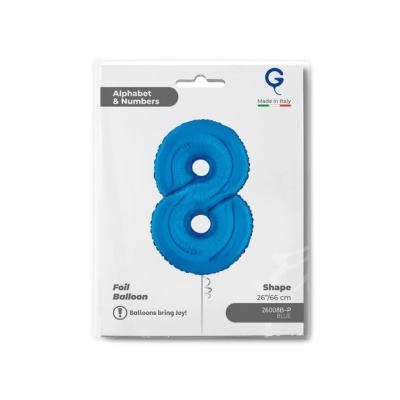 Balão de folha azul número 8 na embalagem com textos e selo Made in Italy