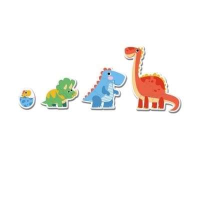 Quebra-cabeças de madeira com figuras de dinossauros coloridos em fundo branco