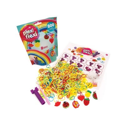 Conjunto de elásticos coloridos e pendentes Plexi Flexi com ferramentas em fundo branco