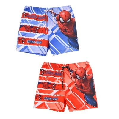 Dois calções de banho infantis com desenho do Homem-Aranha, um azul e outro vermelho.