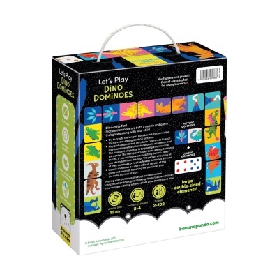 Caixa de jogo de dominós de dinossauros coloridos com embalagem preta e alça branca.