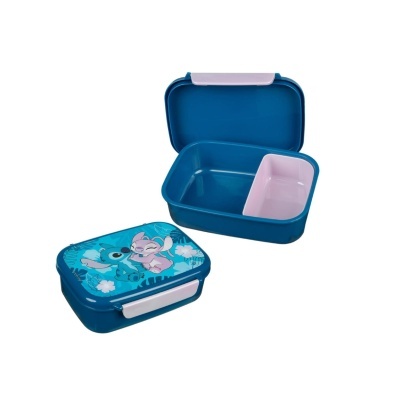 Marmita azul com tampa decorada com personagens e interior com divisória cor-de-rosa
