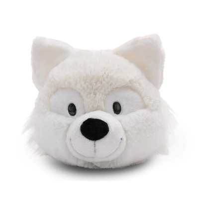 Pelúcia de cabeça de animal branca com olhos e nariz pretos