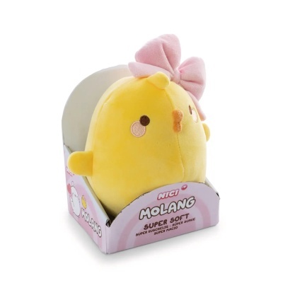 Pintainho de peluche amarelo com laço rosa na cabeça, em embalagem de cartão