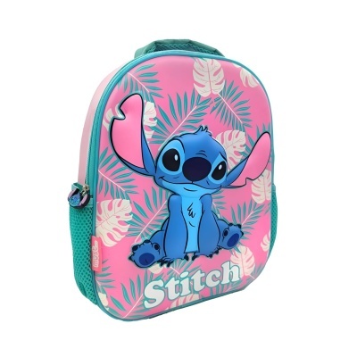 Mochila infantil rosa com personagem Stitch azul e folhas verdes