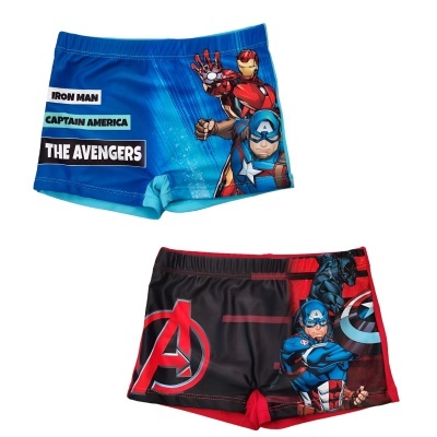 Dois calções de banho infantis com desenhos dos Avengers em azul e vermelho