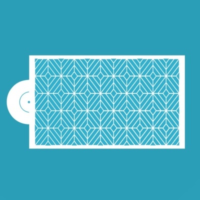 Padrão geométrico branco em fundo azul-turquesa com losangos e forma circular branca lateral