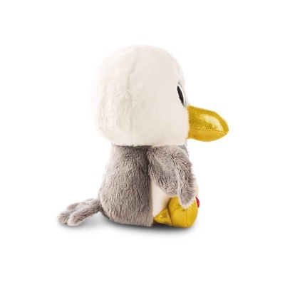 Peluches de pato cinzento e branco com bico e patas amarelos