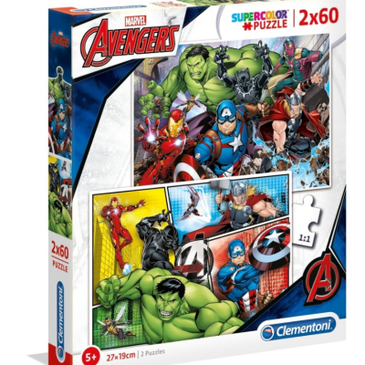 Caixa de puzzles Marvel Avengers com personagens Hulk, Capitão América, Homem de Ferro, Thor, Homem-Aranha e Pantera Negra