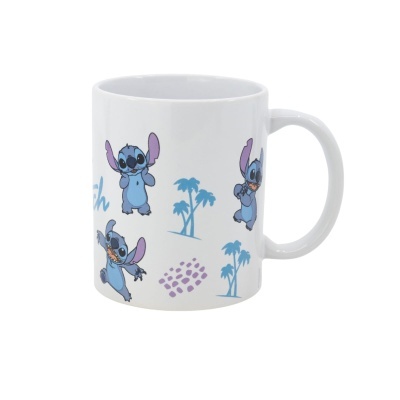 Caneca branca com estampas do Stitch e palmeiras azuis