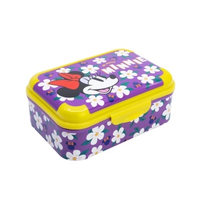 Lancheira roxa com tampa amarela e desenho da personagem Minnie com flores brancas