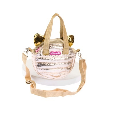 Bolsa pequena brilhante com detalhes dourados e etiqueta rosa