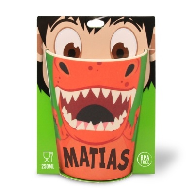 Copo plástico 250ML com design de dinossauro e texto MATIAS