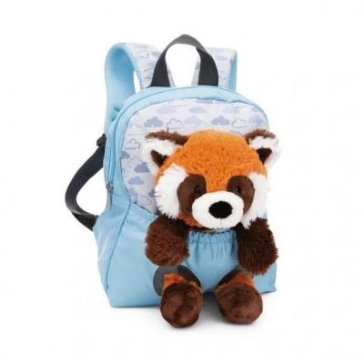 Mochila azul clara com peluche de panda vermelho castanho e branco