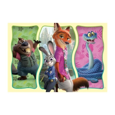 Personagens animados: raposa com camisa rosa, coelho azul, castor verde e cobra azul.