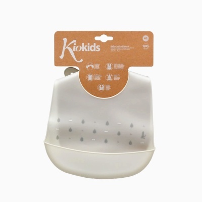 Babete infantil de silicone cinza claro Kiokids com padrão de folhas e ondas