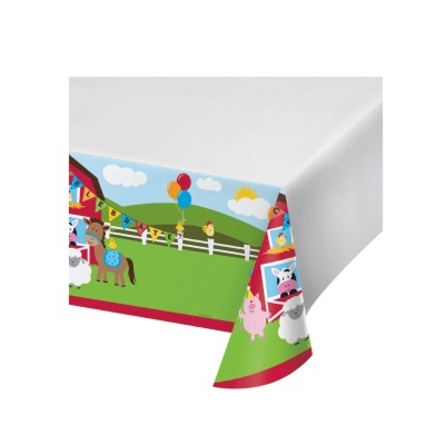 Toalha de mesa branca com bordas decoradas com animais de quinta e balões coloridos