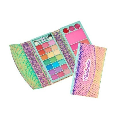 Paleta de maquilhagem com várias cores e embalagem iridescente tipo escamas