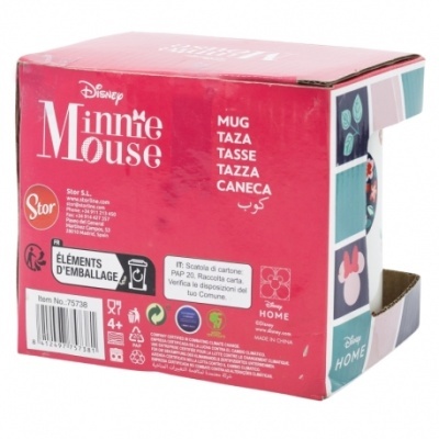 Caixa vermelha Disney Minnie Mouse com texto e ícones