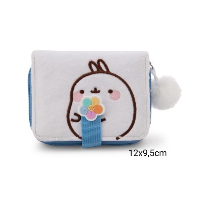 Carteira azul com desenho de coelho e flor, pompom branco na lateral
