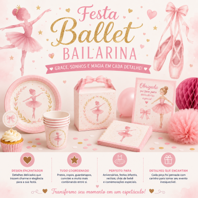 Decoração de festa de ballet com artigos descartáveis cor-de-rosa e dourados e mensagem de agradecimento.