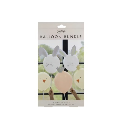 Pacote de cinco balões de personagens de Páscoa com orelhas de coelho e formato de cenoura.