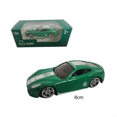 Miniatura de carro desportivo verde com faixa branca e logótipo SCP em embalagem