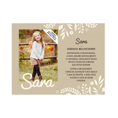 Cartão decorativo com foto de menina e texto descritivo do nome Sara
