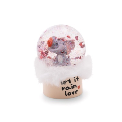 Globo de neve com elefante e base com texto e pelo branco