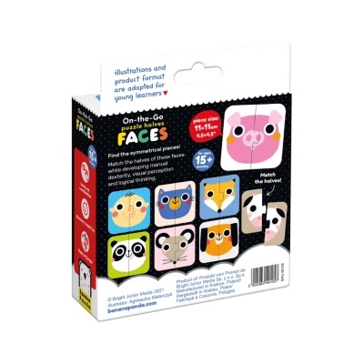 Embalagem de jogo de puzzle com faces de animais e crianças em peças para montar