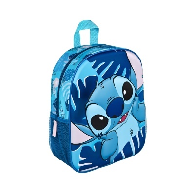 Mochila infantil azul com imagem do Stitch e padrão floral