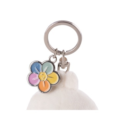 Porta-chaves com flor colorida e anel metálico prateado.