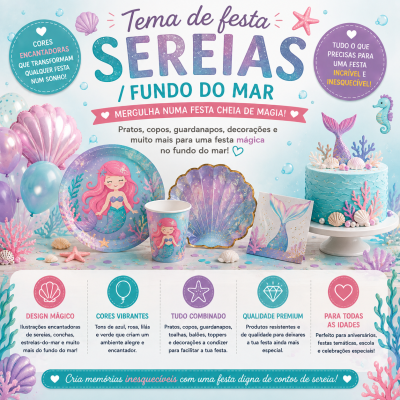 Temática de festa sereias com pratos, copos, guardanapos e bolo decorado com elementos do fundo do mar e cores vibrantes.