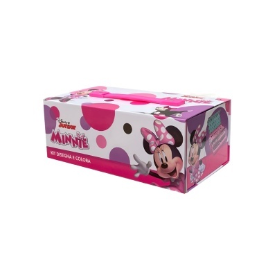 Caixa de papel da Minnie Mouse rosa e branco com imagens da personagem e texto em português.