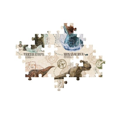 Peças de puzzle com dinossauros e texto 'TRICERATOPS' e 'MOSASAURUS' em fundo com mapas