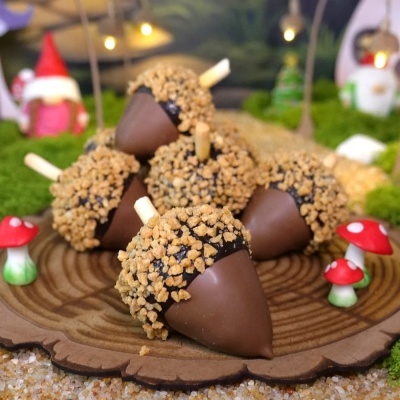 Bombons em forma de bolota com chocolate e pedaços crocantes sobre prato decorativo