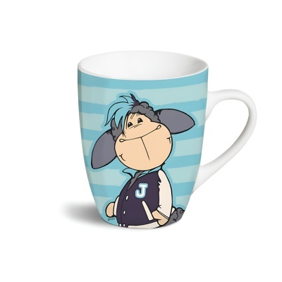 Caneca branca com imagem de asno e riscas azuis