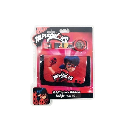 Conjunto infantil Miraculous relógio digital e carteira vermelha e preta com personagens
