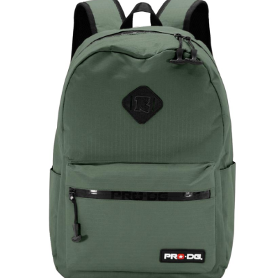 Mochila verde com alças acolchoadas pretas e logo PRODG frontal