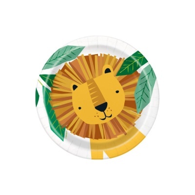 Prato descartável com ilustração de leão e folhas verdes