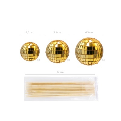 Bolas de espelho douradas em 3 tamanhos com espetos de madeira